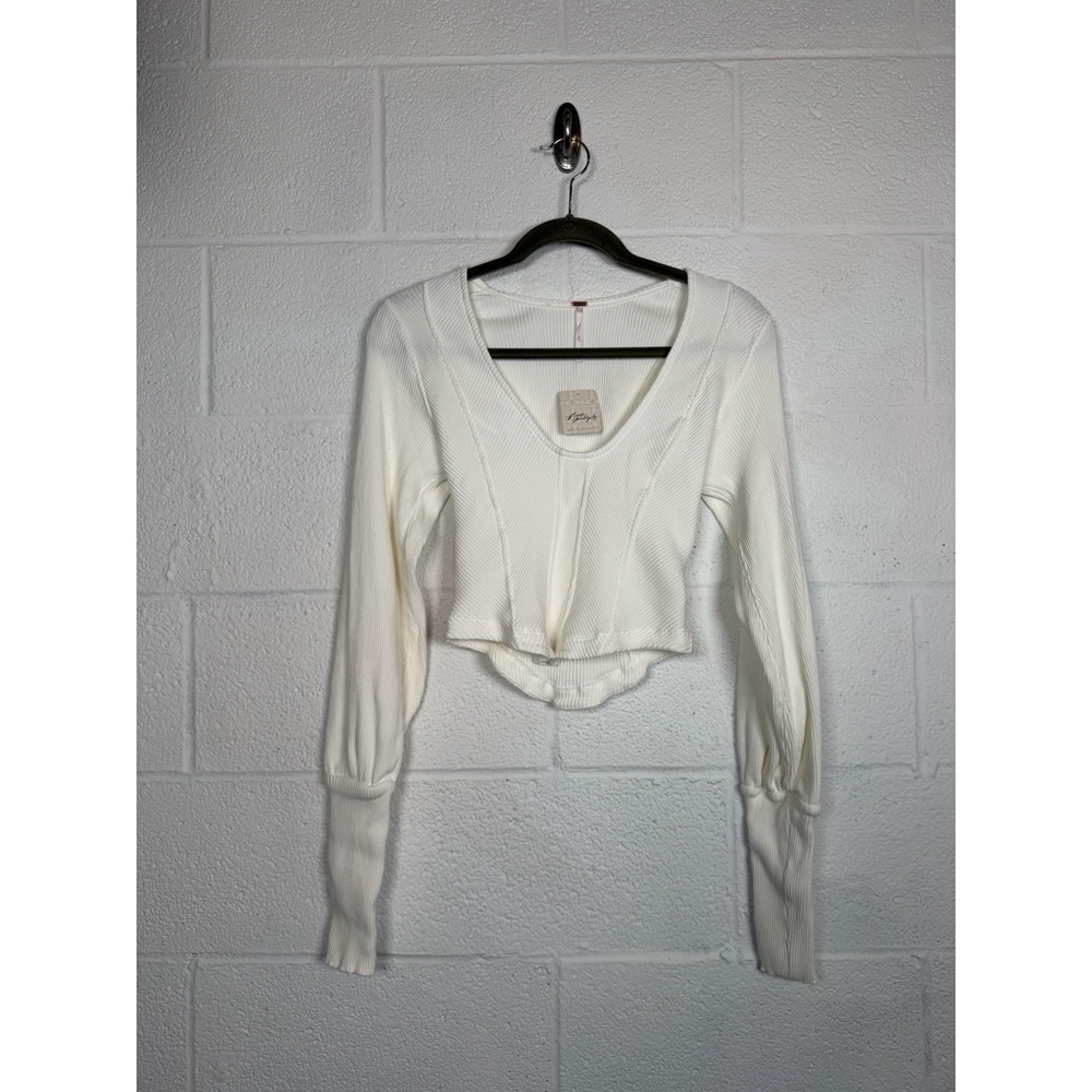 Free People Petra Sweetheart Rib Knit Top Cream Long Sleeve XL NWT